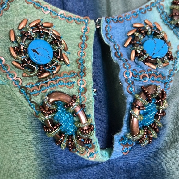 100% Cotton Striped Blue Green Turquoise Bead Detail Beach Swim Cover Dress - Picture 4 of 8